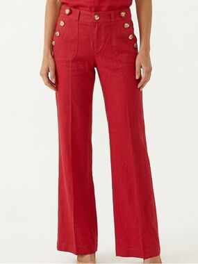 DENIMOCRACY | Linen Blend Red Wide Leg Pants Button Detail Size 28